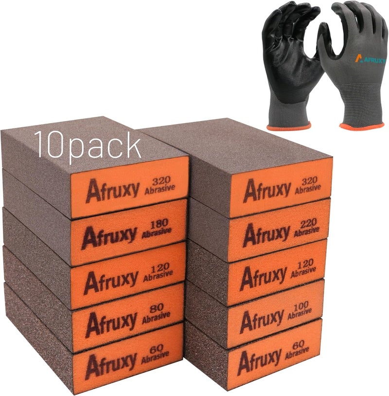 Afruxy 10-Pack Sanding Sponges with Gloves – Super High-Density Reusable Sanding Blocks for Wood, Drywall, Metal & Furniture – Non-Clogging, Wet/Dry – Coarse to Superfine Grits (60/80/100/120/180/220/320) - Image 1